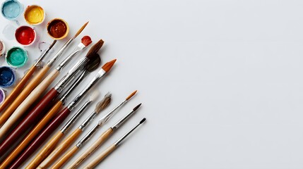 Top view of colorful paintbrushes arranged on white background, art and creativity tools for painting, drawing, design, and artistic inspiration concept