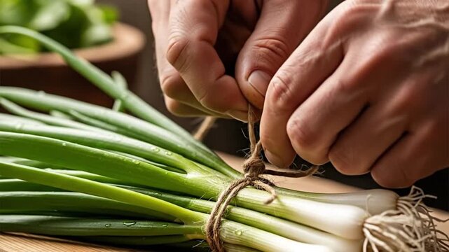 Hands meticulously bundle a fresh harvest of vibrant green onions with natural twine on a rustic wooden board, emphasizing organic preparation and culinary freshness for healthy meals