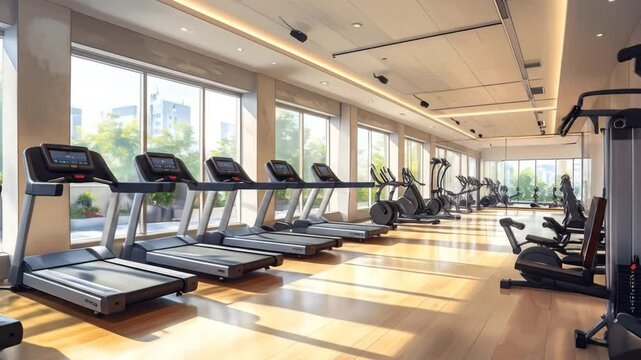 An aesthetically pleasing gymnasium showcasing fitness equipment and ample natural lighting