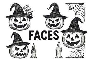 Obraz premium Pumpkin Faces Art. Hand-drawn pumpkin faces with hats, candles, and spiderwebs, center word “Faces” in black and white isolated