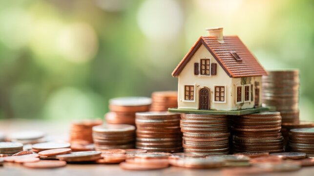 Mortgage loan or home equity loan, financial concept : Tiny model residential house perched atop coin stacks, depicting home loan or borrowing money to purchase a new home for first time homebuyer.