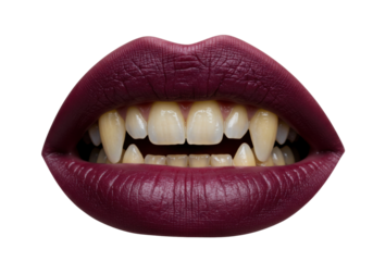 Burgundy lips with vampire fangs isolated on transparent background, Halloween makeup for costume party and horror theme