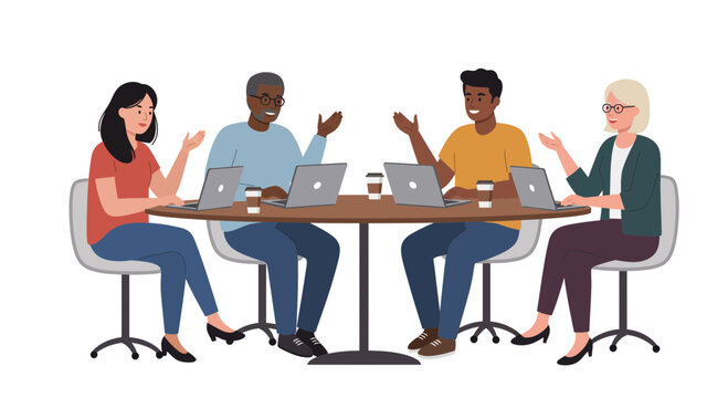 Diverse group of people collaborating around a table with laptops, illustrating teamwork and modern business discussions