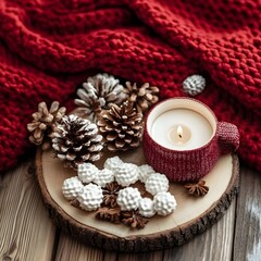 Cozy winter scene with candle, pinecones and sweets on wooden background