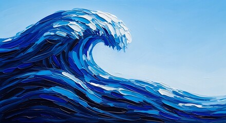 Abstract ocean wave painting with vivid blue and white colors and texture