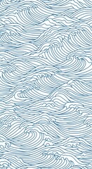 Stylized flowing water illustration featuring turbulent ocean waves in a classic blue and white Japanese line art pattern