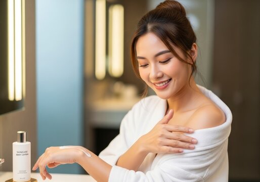 A woman applies lotion to her shoulder in a serene spa-like bathroom.
