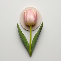 Single Tulip Flower Composition with Pink Petals and Green Stem and Leaves on Neutral Background