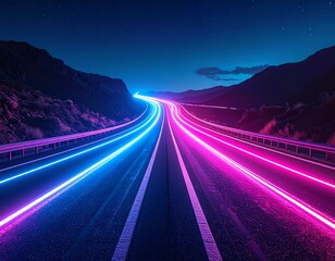 Neon Light Trails on Highway at Night with Mountain Landscape