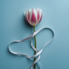 Single Tulip with Pink and White Petals Against a Pastel Blue Background with Silver Ribbon