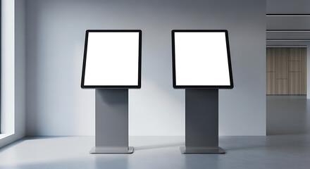 Two modern digital information kiosks with blank white screens in a bright empty lobby mockup