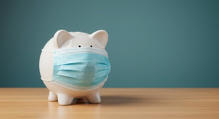 Piggy bank wearing a medical face mask on wooden surface