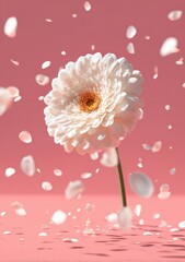 Single White Gerbera Daisy with Falling Petals on Pink Background