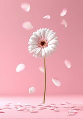 Single White Gerbera Daisy with Pink Center Stem and Falling Petals Against Pink Backdrop