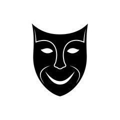 Illustration of a black and white theatrical comedy mask with a smiling expression and simple line art on transparent background silhouette