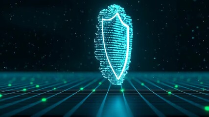 Digital security with shield and fingerprint on glowing lines shows technology and protection. Cyber digital security offers privacy with futuristic glowing elements. - Powered by Adobe