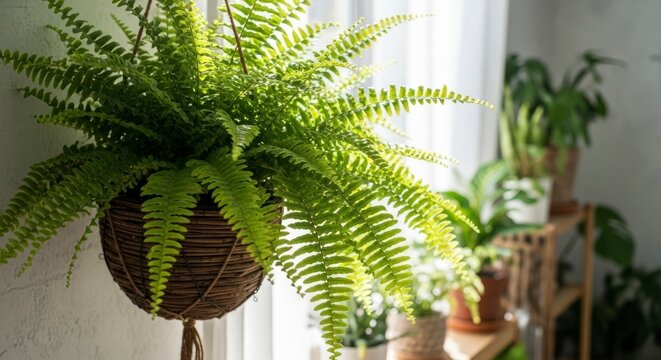A vibrant fern in a hanging basket, bathed in natural light, adds a touch of green to a home filled with houseplants.