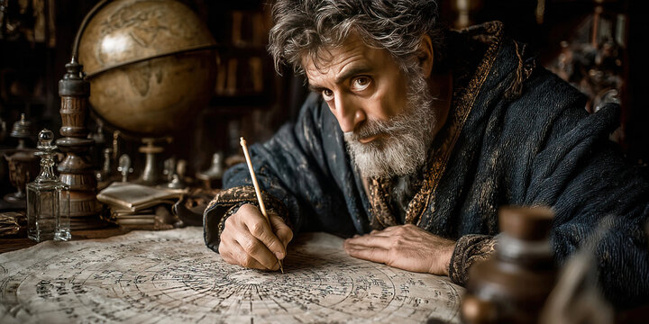 Claudius Ptolemy illustrating astronomical charts in a scholarly setting
