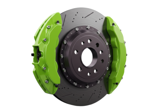 Car brake disc with green calipers isolated, high performance braking system for automotive and motorsports applications