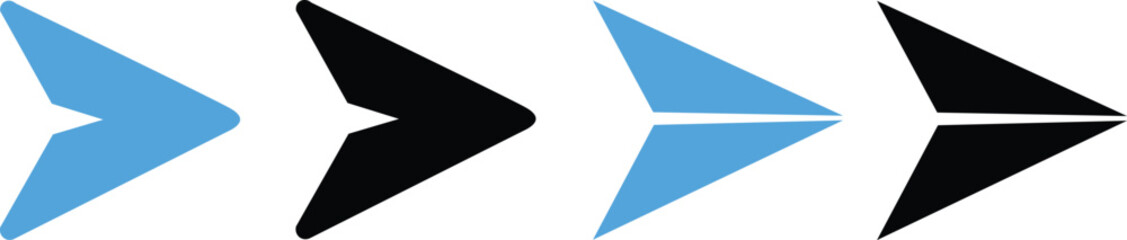 four modern arrow icons in blue and black showing forward navigation and directional symbols isolated on white background.