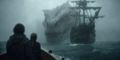 Giant sea monster attacks medieval galleon ship in open sea amidst stormy skies