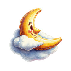 Smiling Crescent Moon on a Fluffy Cloud