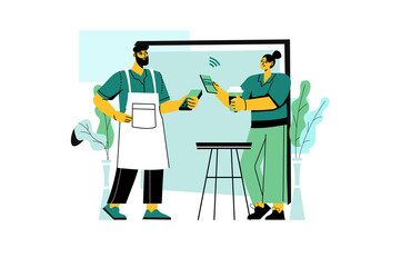 Illustration of Man in Apron Receiving Payment from Woman With Green Clothing and Plants on White Background