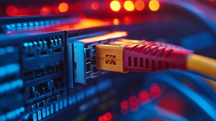 An Ethernet cable connected to a switch is suitable for articles on network technologies, presentations on IT infrastructure, and training materials on equipment configuration.