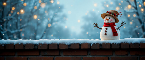Festive snowman on a brick wall with a snowy winter backdrop