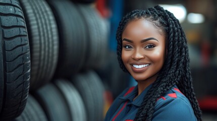 A smiling woman in work clothes against a backdrop of tires in an auto repair shop, ideal for articles about professions, careers, or industry.