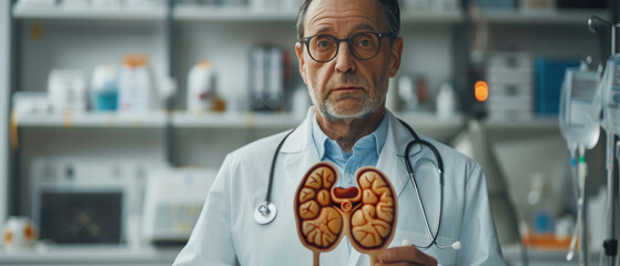 A doctor with a model of kidneys in a clinic, useful for medical articles about health, diagnosis, or treatment of kidney diseases.