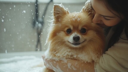Care and warmth: a cute Pomeranian Spitz is being petted while bathing, creating a cozy atmosphere for advertising pet stores and pet care products.