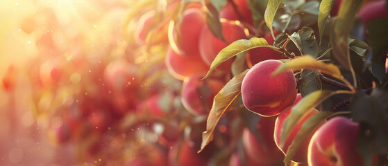 Ripe peaches on a branch, illuminated by the sun, a juicy summer atmosphere — for advertising fresh fruit, farmers' markets, and healthy eating.