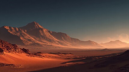 Red desert landscape with mountains and a dark blue sky above. Ideal for illustrating concepts of exploration, isolation, or futuristic scenery.