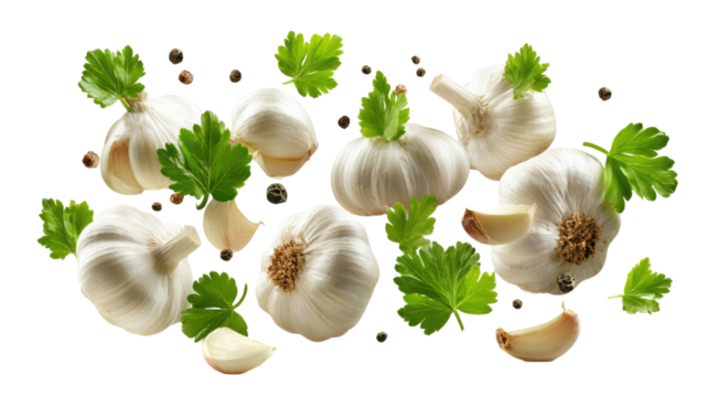 Garlic with parsley leaves fresh vegetable herb spice culinary ingredient healthy cooking organic food object isolated on white background