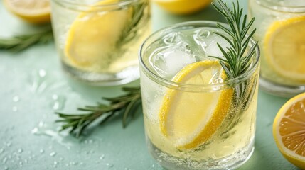 Refreshing lemonade with a sprig of rosemary and ice in a glass, a summer drink — for food blogs, beverage advertising, articles on healthy eating.