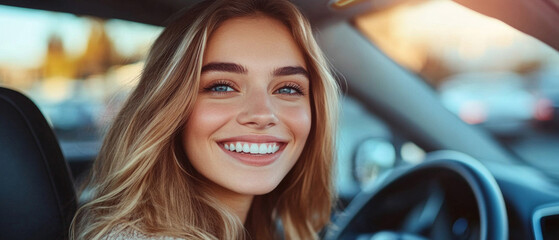 A girl with long blonde hair smiles while sitting behind the wheel of a car.
Suitable for topics related to travel, freedom, driving,  