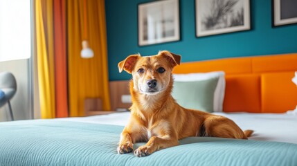 A red-haired dog lies on a bed in a cozy room with bright accents in the interior.
Suitable for hotel advertisements, articles about traveling with pets,  