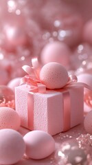 Pink gift box with a bow and New Year's balls on a glittery background.
Perfect for decorating holiday cards, advertising gifts, and decorating websites  