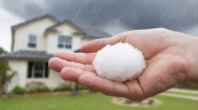 A hand holds a large hailstone during a severe storm with heavy rain falling, a blurred residential house in the background.