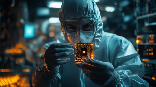 A scientist in protective clothing and goggles holds a microchip that glows orange.
Suitable for articles on science and technology, advertising for innovative companies, 