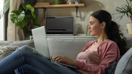 A woman works on her laptop in a cozy home setting, her gaze focused on the screen.
Ideal for articles about remote work, online education, modern lifestyles, work-life balance 