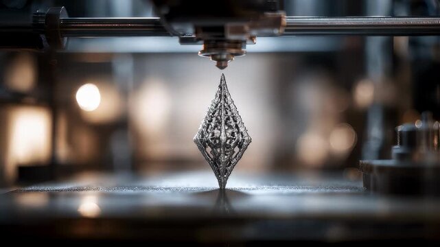 Metal jewelry prototype emerging from a 3D printer sharp focus on intricate metallic textures while the surroundings fade into soft focus.