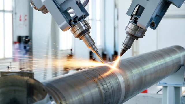 Laser cutting is demonstrated on a large metal pipe in a modern workshop. The precision machinery showcases advanced techniques for industrial manufacturing