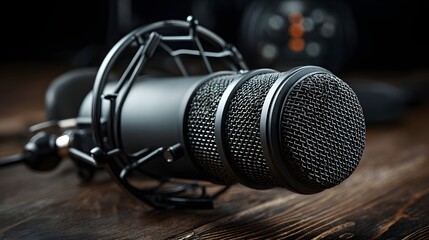 Obraz premium Professional recording microphone rests elegantly on a wooden surface, illuminated by natural light, capturing intricate detail, suggesting a setup with a dark backdrop emphasizing the equipment.