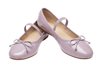 Pair of lilac patent leather ballet flats with ankle straps isolated, stylish footwear for women and girls