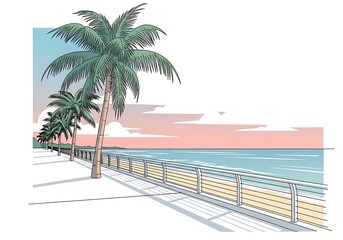Pixel Art Beach Promenade with Palm Trees and Ocean View in Retro Style