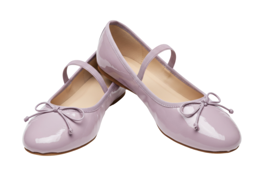 Pair of lilac patent leather ballet flats with ankle straps isolated, stylish footwear for women and girls