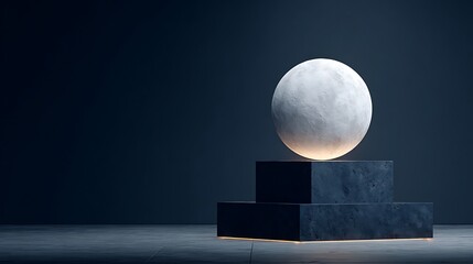 Modern Moon Display on Geometric Platform in Dark Minimalist Space