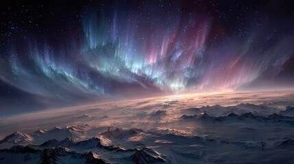 Stunning view of colorful aurora borealis shimme over snow-capped mountain peaks beneath a starry night sky with vibrant lights and cosmic phenomena in the atmosphere
